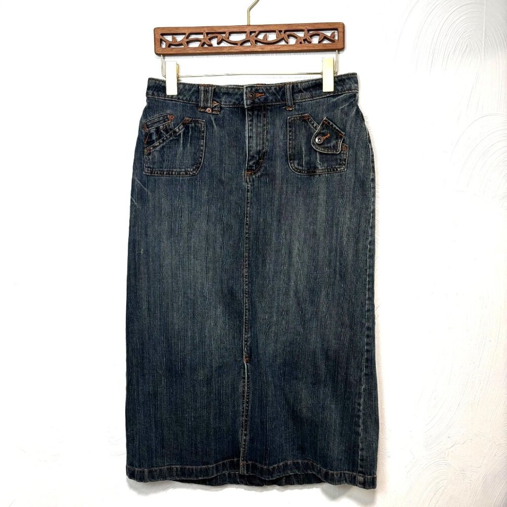 90s Denim Maxi Skirt Blue Jean Front Slit Riders Copper Collection Women 16x31.5